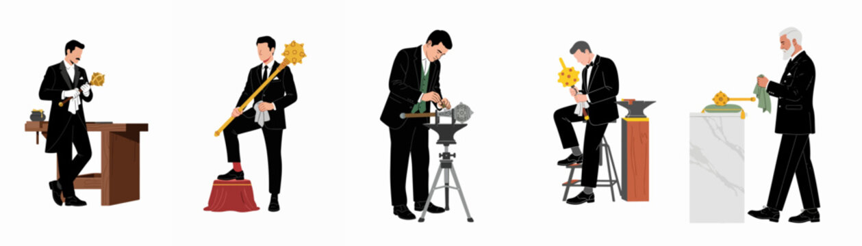 Set of elegant men in formal black suits and tuxedos meticulously cleaning, polishing, and maintaining golden ceremonial maces in various settings.