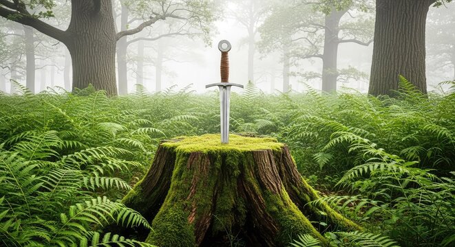 A silver medieval blade rests deeply embedded in a mossy tree stump within a dense, misty woodland, surrounded by tall ferns and ancient oaks, sharp, magical, forest