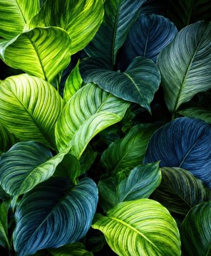Lush tropical green leaves of plant creating vibrant natural background with abstract patterns.