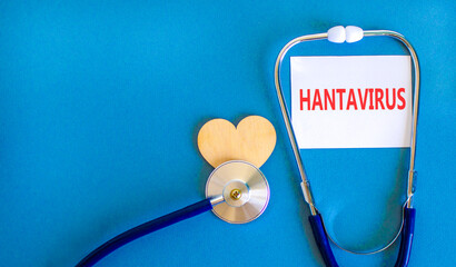 Hantavirus medical words symbol. Concept words Hantavirus on beautiful white card. Beautiful blue...