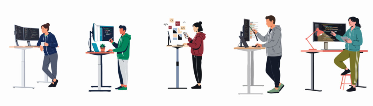 Vector illustration set of diverse software developers and programmers working on computers at ergonomic standing desks in a flat design style.