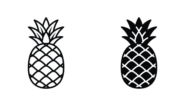 Exotic pineapple fruit outline and solid silhouette vector icon set for creative food design and tropical branding