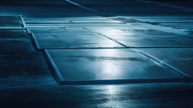 Blue surface featuring rectangular panels and a grid pattern, reflecting light in a futuristic industrial setting with a cool, glowing night aesthetic