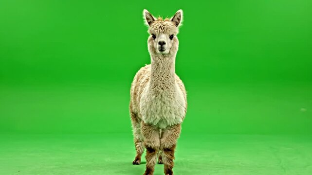 A fluffy alpaca with light brown and white wool stands centered on a vibrant green screen background, looking directly at the viewer.