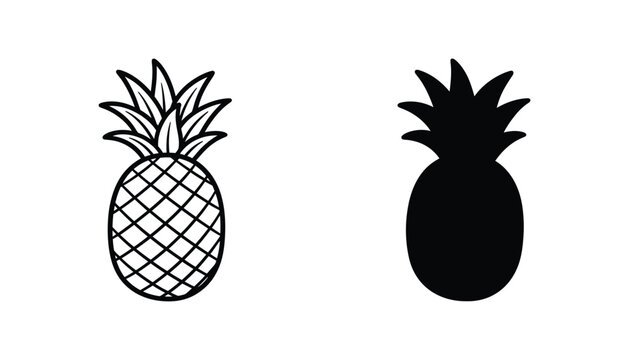 Fresh pineapple fruit outline and solid silhouette vector icon set for food branding and tropical design elements