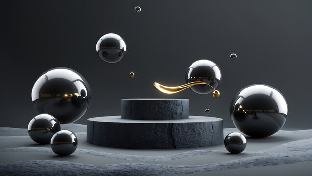 Minimalist 3D podium stage with stone pedestals floating chrome spheres and gold liquid element for product display
