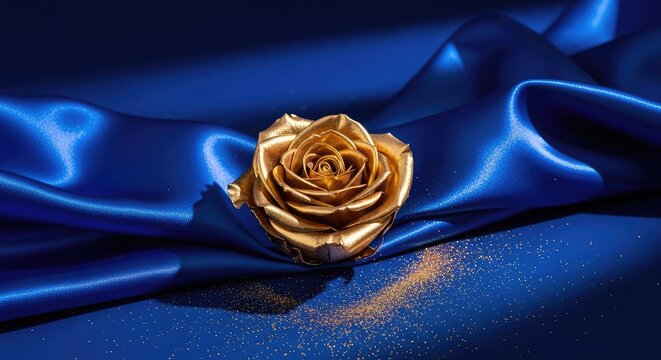 A stunning golden rose sits atop a deep blue background with elegant silk waves and shimmering glitter dust, creating a luxurious aesthetic, opulent, texture, dust