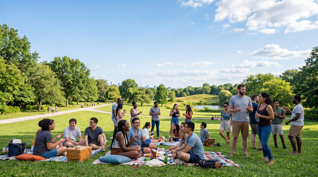 A diverse group of friends enjoying a sunny outdoor picnic in a lush green park with trees and a pond.