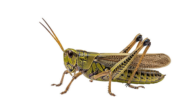 Closeup of a green and brown grasshopper isolated on transparent background