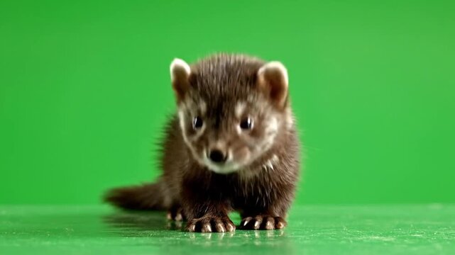 A cute baby ferret or marten standing on a green background, looking directly at the camera with its dark eyes.