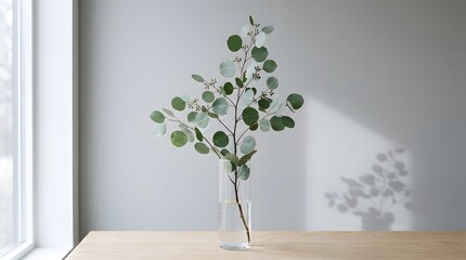 Obraz premium Minimalist home decor featuring a eucalyptus stem in a glass bottle on a light wood surface