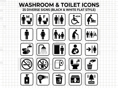 Collection of Diverse Black and White Flat Icons for Restroom and Toilet Signs