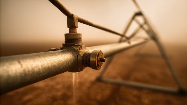 Center pivot irrigation system pipe leaking water onto dry soil, highlighting critical water scarcity and unsustainable farming practices in a drought affected environment