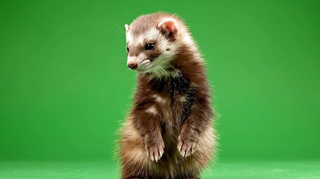 A cute brown and white ferret stands on its hind legs against a vibrant green background.