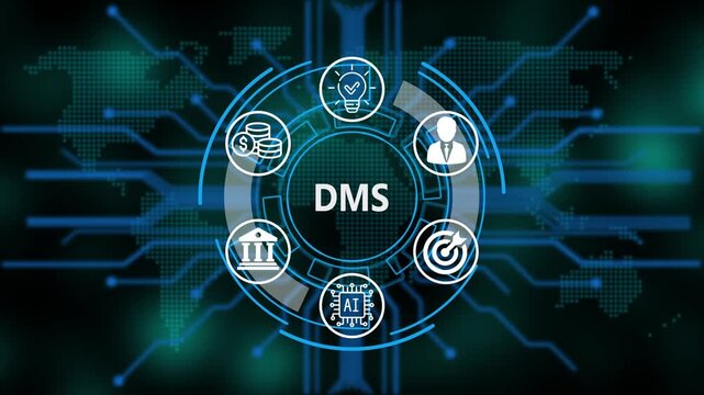  &ldquo;DMS, Artificial Intelligence, and Global Business Network Technology Concept&rdquo;. Digital circuit board on world background. Representing artificial intelligence, and future technology