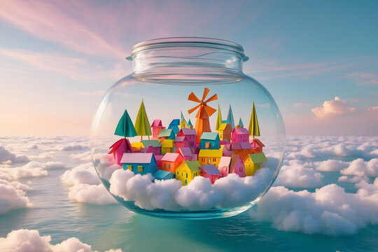 Miniature colorful paper city with windmill inside glass jar floating on clouds over ocean at sunset