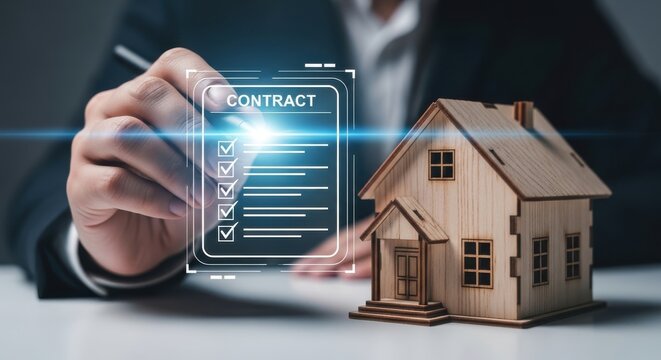 Person signing contract next to wooden house model