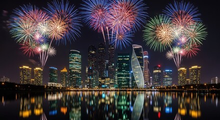 Obraz premium Colorful fireworks burst in the dark night sky over a modern urban skyline with glowing skyscrapers reflecting in the calm river water, reflection, pyrotechnics, background