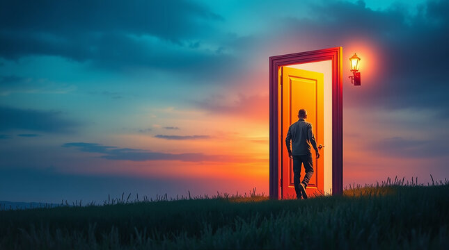 depicting a man stepping through an open door in a misty, atmospheric field, evoking a fantasy scene with complementary epic colors, rich textures, movement, and 