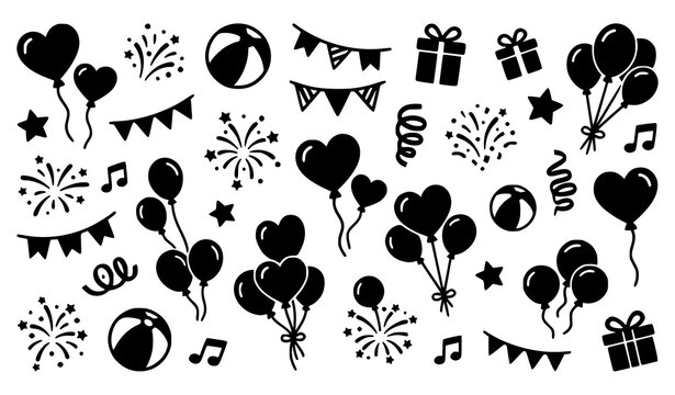 Playful bold balloon icon set with heart balloons beach ball and festive celebration elements vector illustration