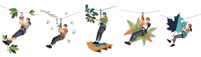 Set of flat vector illustrations featuring people enjoying ziplining adventure activities in nature with various leaves and outdoor safety equipment. © Anindya