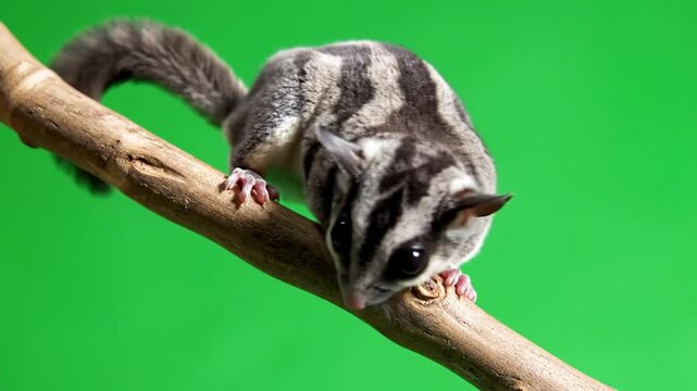 A small sugar glider with striped fur perched on a tree branch against a vibrant green background.