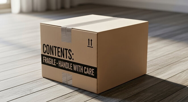 Cardboard shipping box with 'fragile - handle with care' label on a wooden floor. Delivery and moving concept with copy space
