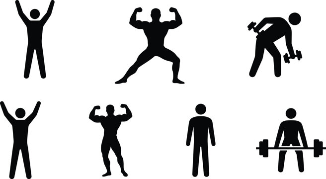 Fitness and bodybuilding pictogram collection showing various gym actions like lifting weights, flexing muscles, celebrating success, and standing isolated on white background for design
