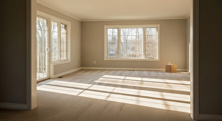 Fototapeta premium Empty suburban living room with freshly vacuumed carpet. Bright interior of a vacant house with sunlight and shadows. Moving and relocation real estate concept