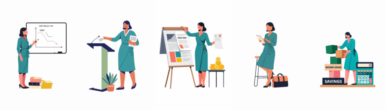 Set of flat vector illustrations of a professional woman presenting financial strategies for debt reduction, savings, and business money management.