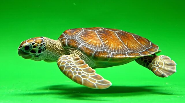 A majestic sea turtle gracefully swims through clear water against a vibrant green background, showcasing its intricate shell and powerful flippers.