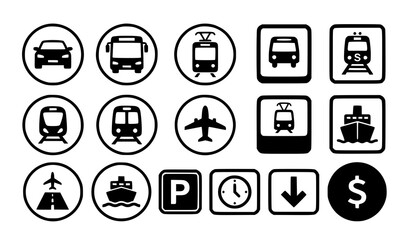 Public transport icons silhouette front view car bus metro train plane ship vector set © MdMominul