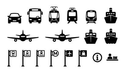 Transport silhouette icons set car bus train plane ship public station vector illustration © MdMominul
