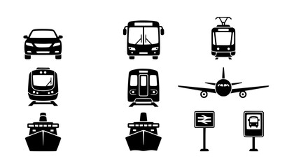 Transport pictogram collection silhouette car bus train plane ship station icons vector © MdMominul