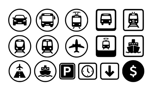 Public transport icons silhouette front view car bus metro train plane ship vector set