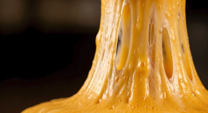 Macro close-up of melted yellow cheese stretching. Gooey stringy dairy texture on a dark background. Appetizing hot food ingredient with copy space for text