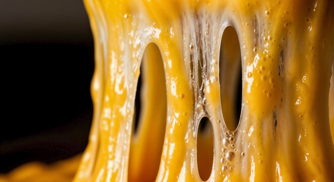Macro shot of melted yellow cheese stretching. Close-up texture of gooey pulling dairy product. Hot stringy fast food ingredient with bubbles on dark background