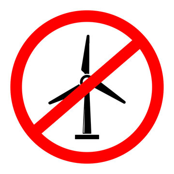 Wind turbine prohibition symbol with silhouette against a plain backdrop symbolizing renewable energy opposition isolated on transparent background