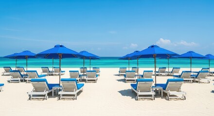 Obraz premium Rows of white wooden sunbeds with blue umbrellas stand on a pristine sandy beach under a clear blue sky, overlooking a turquoise tropical ocean, furniture, nature, travel