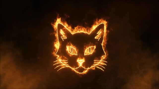 A fiery cat head outline engulfed in bright orange and yellow flames against a dark, smoky background, with glowing eyes.