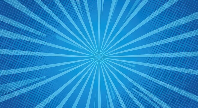 Vibrant blue comic book background featuring dynamic halftone patterns, exploding sunburst rays, and ample blank copy space for messages, digital, pattern, blue