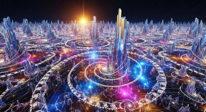 Vibrant infinite patterns display a vast variety of mathematical landscapes featuring glowing nebulae, crystal structures, and complex spirals, pattern, neon, 3d
