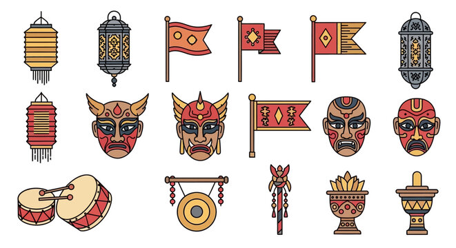 Traditional Asian Theater Masks and Symbols.
