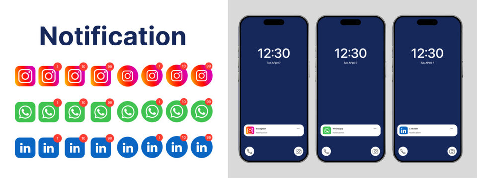 Instagram, WhatsApp, Linkedln iOS 26 update with liquid glass notifications, mobile app UI screens, and lockscreen alert elements in clean vector design for social media interface and mockup use.	