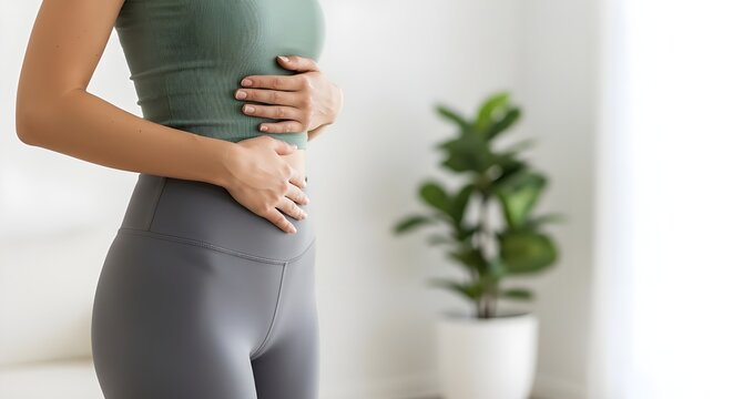 Young woman in activewear touches her stomach while feeling abdominal pain or digestive health issues