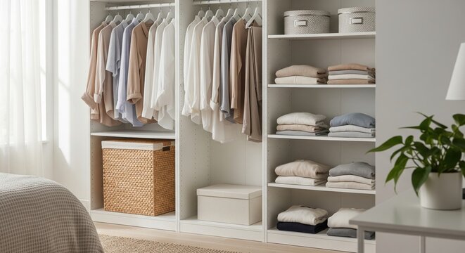 Open wardrobe with hanging clothes and laundry hamper below, showing practical bedroom storage, clothing organization, and realistic everyday household routine.