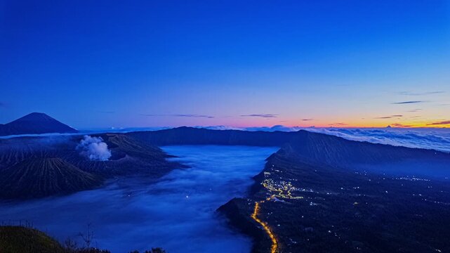 Dramatic volcanic landscape featuring layered mountains, drifting clouds, and a steaming crater in soft morning light.
