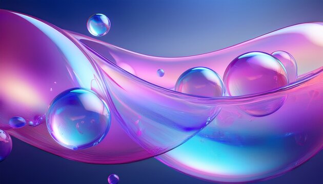 abstract fluid shapes with transparent gradient textures colorful glass spheres and soap bubbles create dreamy crystal effects featuring purple pink and blue tones on clean backdrop