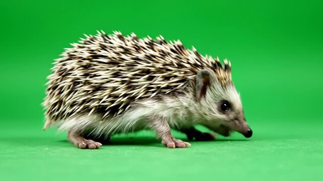 A small, spiky hedgehog with black and white quills walks on a vibrant green background in a studio setting, showcasing its unique features.