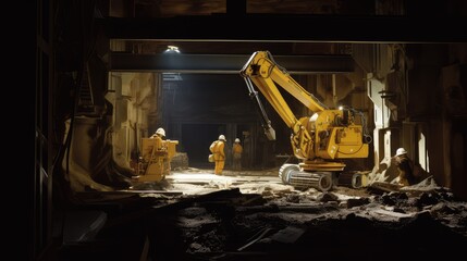Fototapeta premium Workers in protective gear overseeing large excavation equipment and construction machinery deep inside an underground tunnel, demonstrating progress in a major infrastructure project